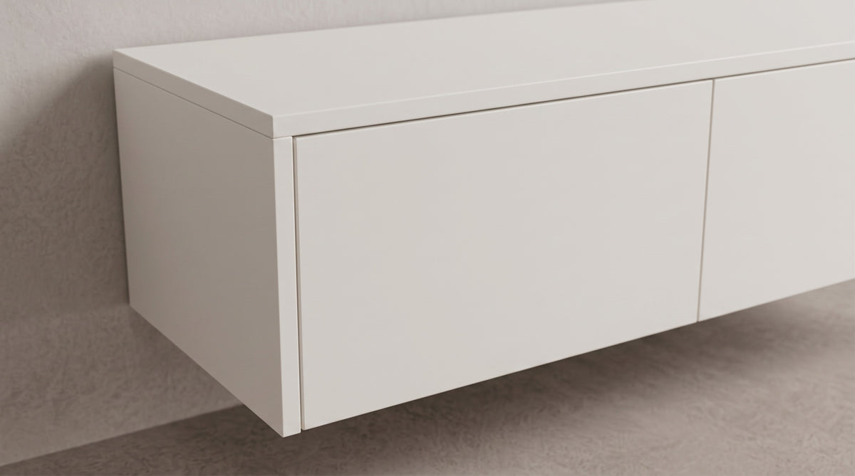 detail~Zwevend tv-meubel Albast wit, Liventa Air, close-up van het greeploze front