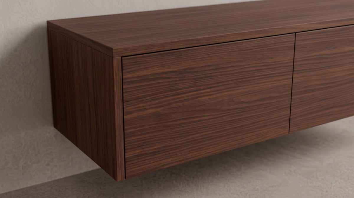 detail~Zwevend tv-meubel Diep walnoot, Liventa Air, close-up van het greeploze front