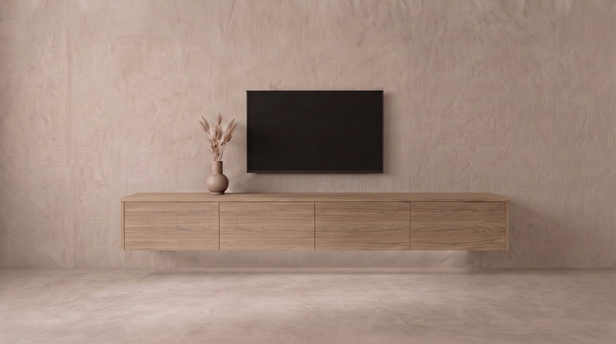 Zwevend tv-meubel Duin eiken met 4 vakken, Liventa Air op maat, vooraanzicht