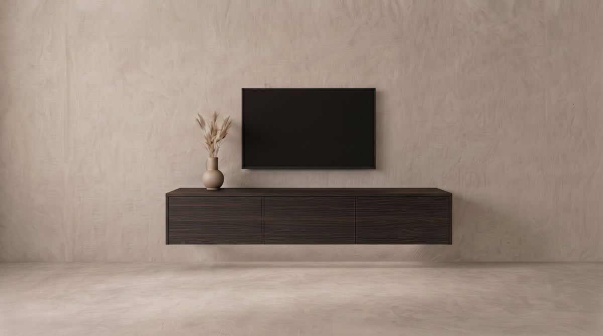 Zwevend tv-meubel Espresso eiken met 3 vakken, Liventa Air op maat, vooraanzicht