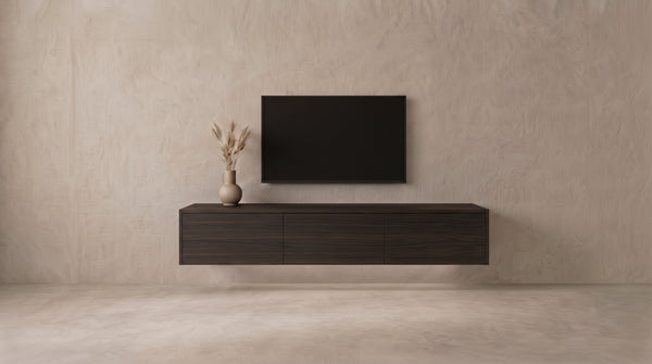 Zwevend tv-meubel Espresso eiken met 3 vakken, Liventa Air op maat, vooraanzicht