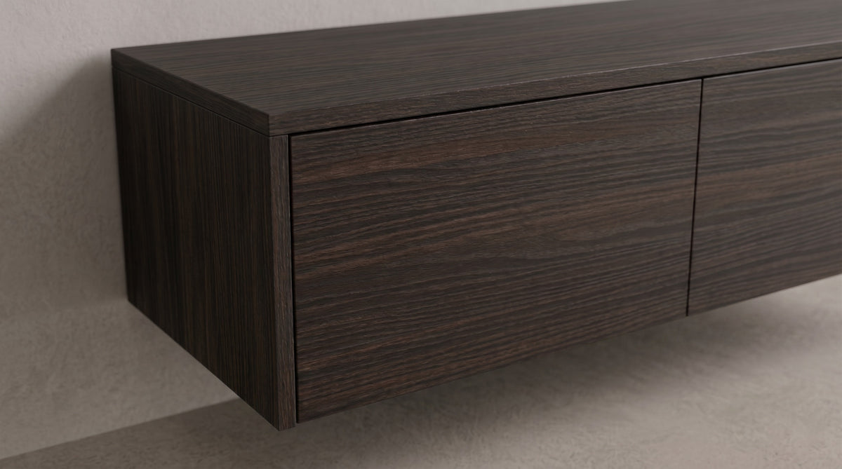 detail~Zwevend tv-meubel Espresso eiken, Liventa Air, close-up van het greeploze front