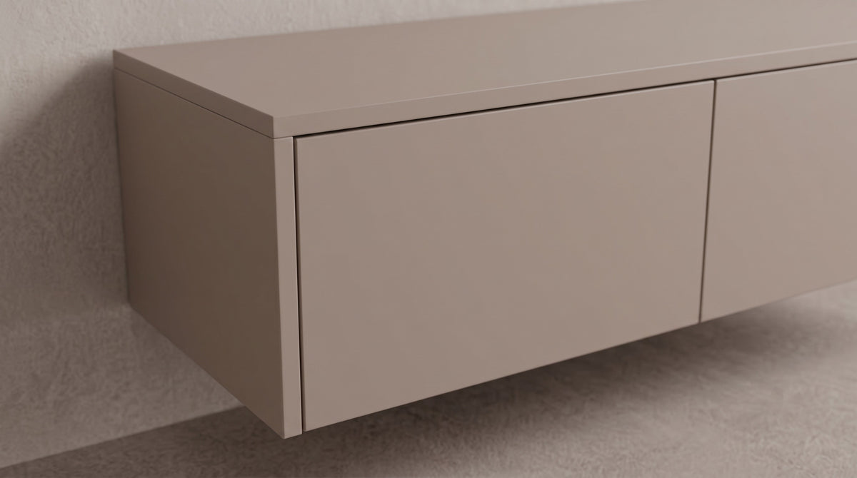detail~Zwevend tv-meubel Greige mat, Liventa Air, close-up van het greeploze front