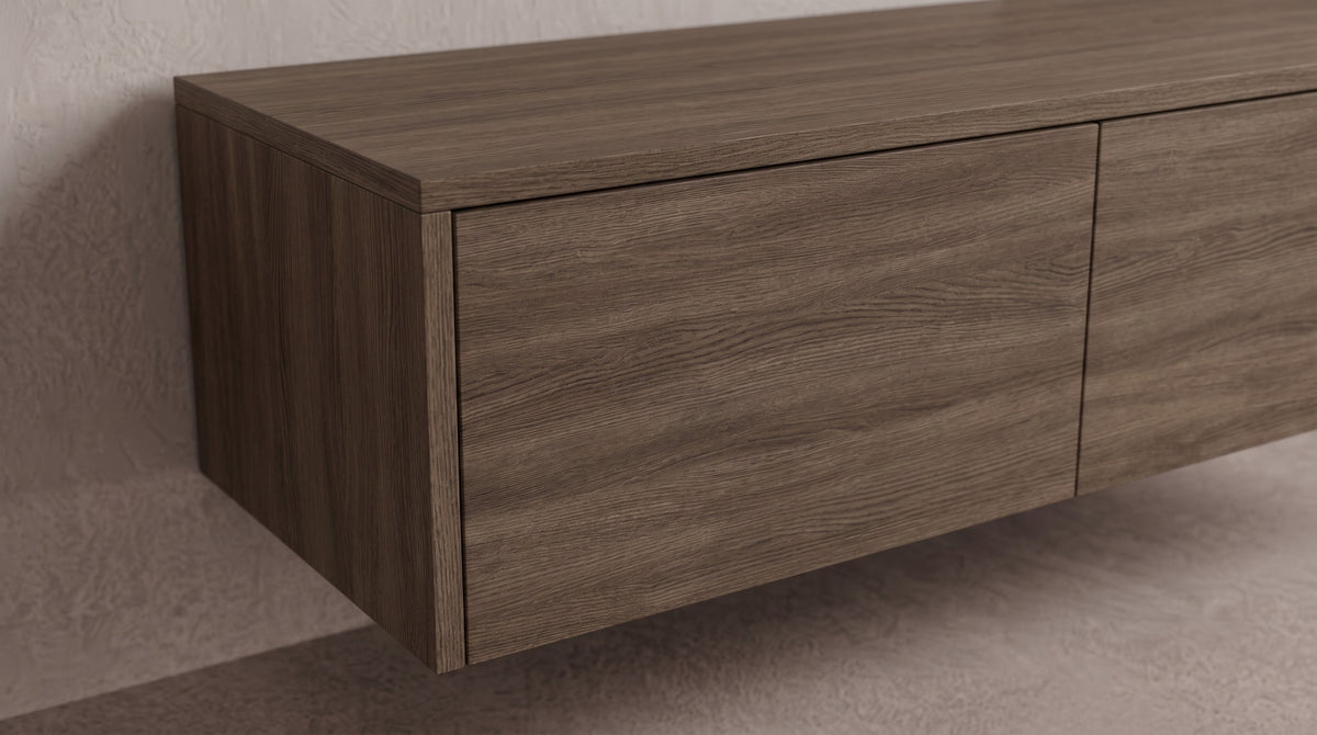 detail~Zwevend tv-meubel Havana eiken, Liventa Air, close-up van het greeploze front