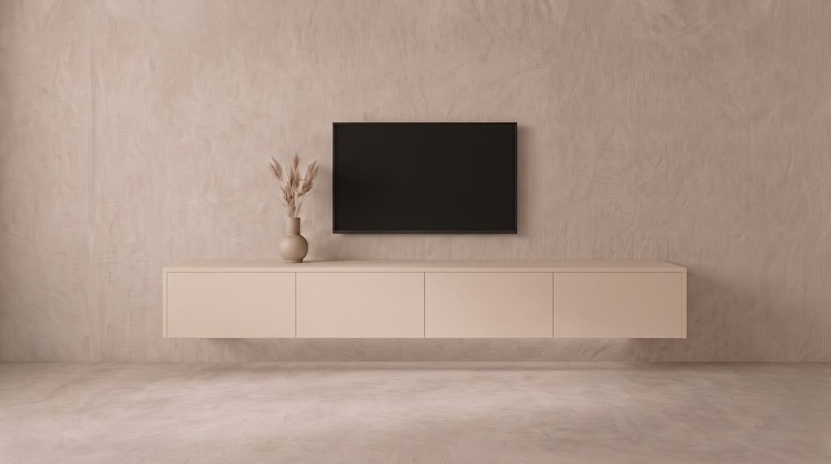 Zwevend tv-meubel Kasjmier linnen met 4 vakken, Liventa Air op maat, vooraanzicht