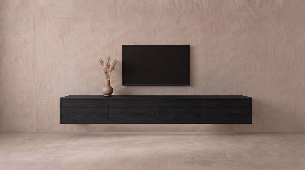 Zwevend tv-meubel Onyx eiken met 4 vakken, Liventa Air op maat, vooraanzicht