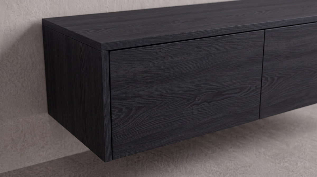 detail~Zwevend tv-meubel Onyx eiken, Liventa Air, close-up van het greeploze front