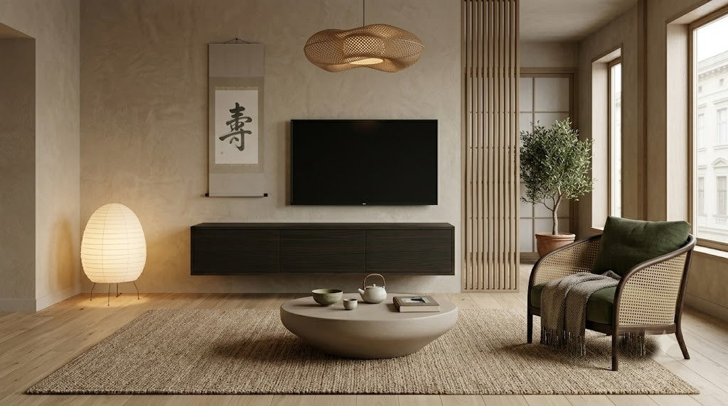 Donker zwevend tv-meubel aan de wand met vrije vloer eronder, in een rustige woonkamer