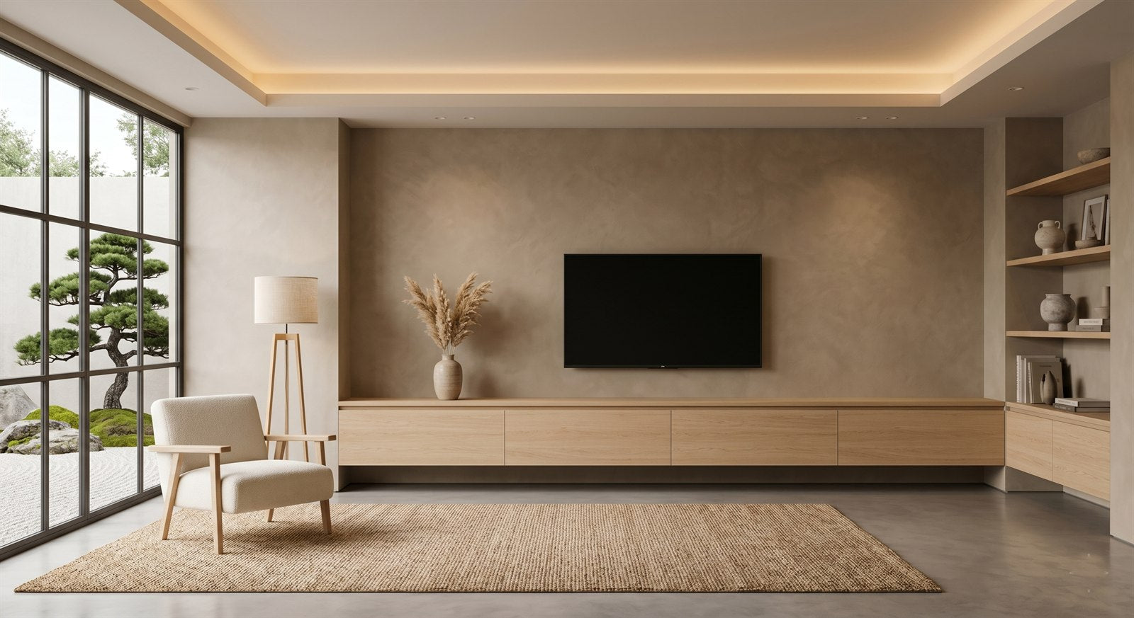 Een op maat gemaakt zwevend Liventa TV-meubel in een warme woonkamer