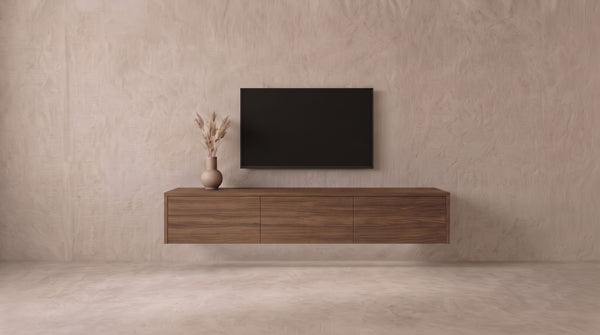 Zwevend tv-meubel Cognac walnoot met 3 vakken, Liventa Air op maat, vooraanzicht