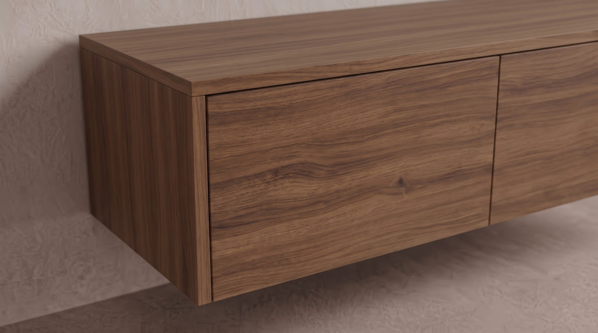 detail~Zwevend tv-meubel Cognac walnoot, Liventa Air, close-up van het greeploze front