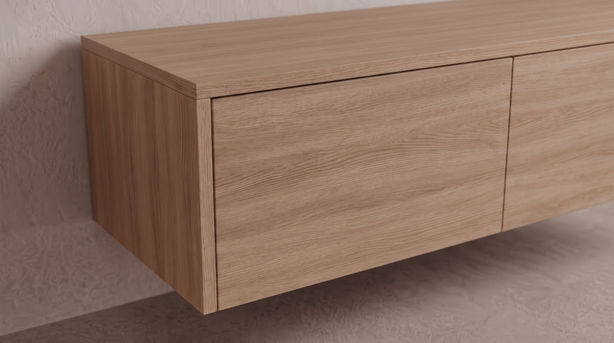 detail~Zwevend tv-meubel Duin eiken, Liventa Air, close-up van het greeploze front