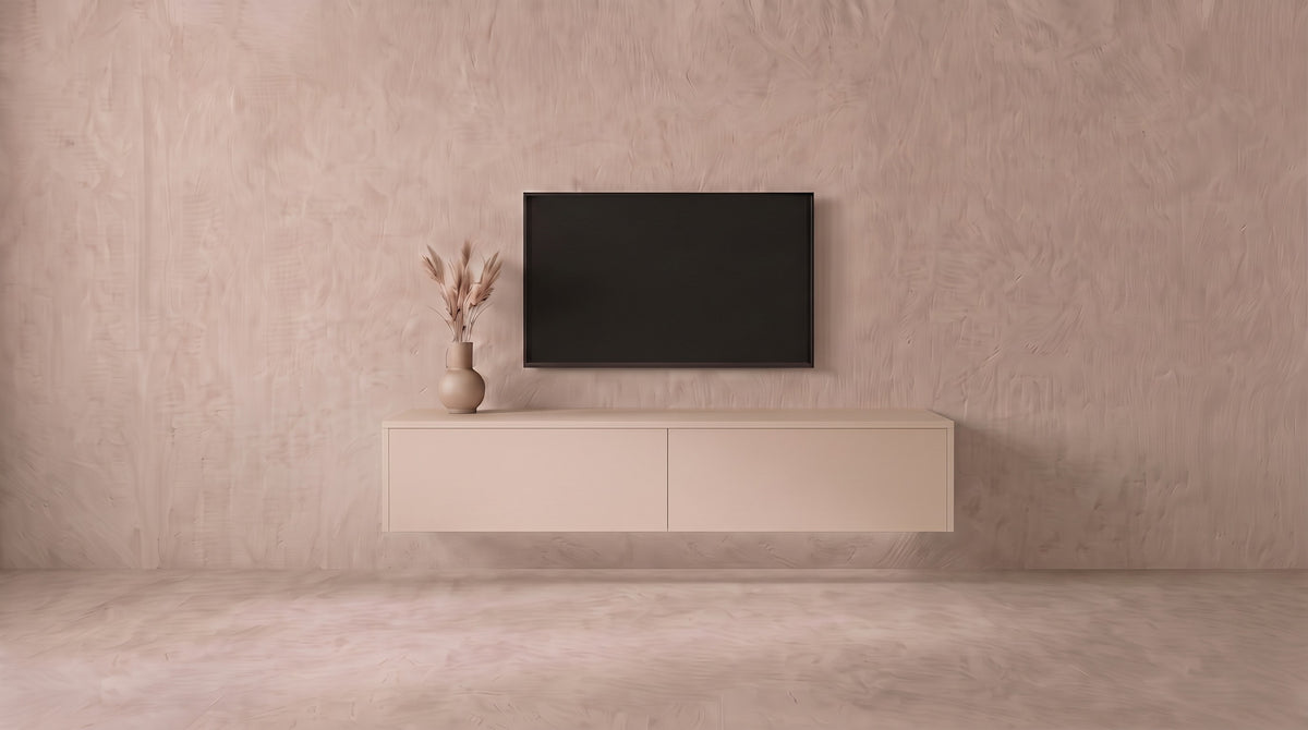 Zwevend tv-meubel Kasjmier linnen met 2 vakken, Liventa Air op maat, vooraanzicht