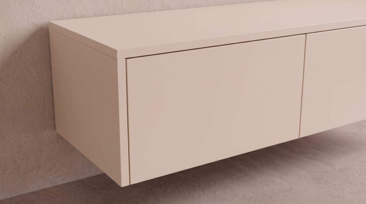 detail~Zwevend tv-meubel Kasjmier linnen, Liventa Air, close-up van het greeploze front