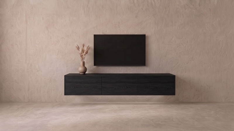 Zwevend tv-meubel Onyx eiken met 3 vakken, Liventa Air op maat, vooraanzicht