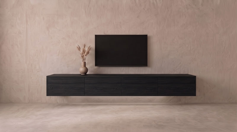 Zwevend tv-meubel Onyx eiken met 4 vakken, Liventa Air op maat, vooraanzicht