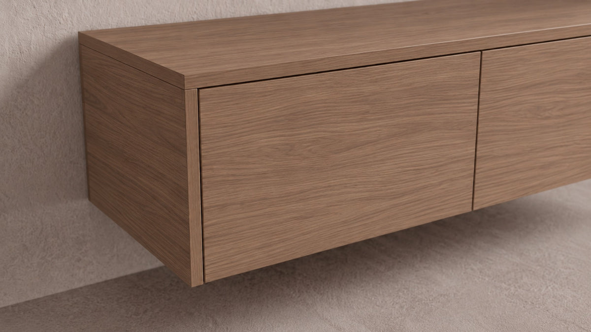 detail~Zwevend tv-meubel Puur eiken, Liventa Air, close-up van het greeploze front